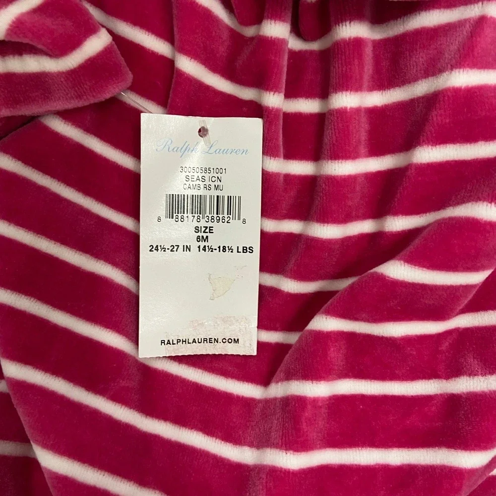 Ralph Lauren Hot Pink White Striped Velour One Piece Outfit White Collar Footies